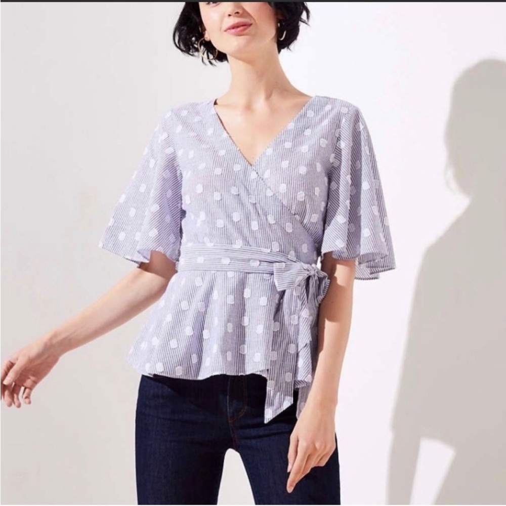 LOFT Blue and White Polka Dot Wrap Blouse